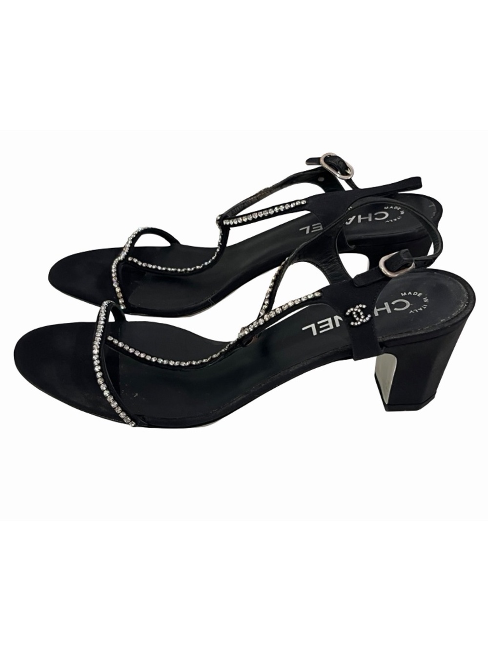 Chanel Interlocking CC Logo Black Satin T-Strap Crystal Embellished Heels EU 39 - Picture 2 of 11